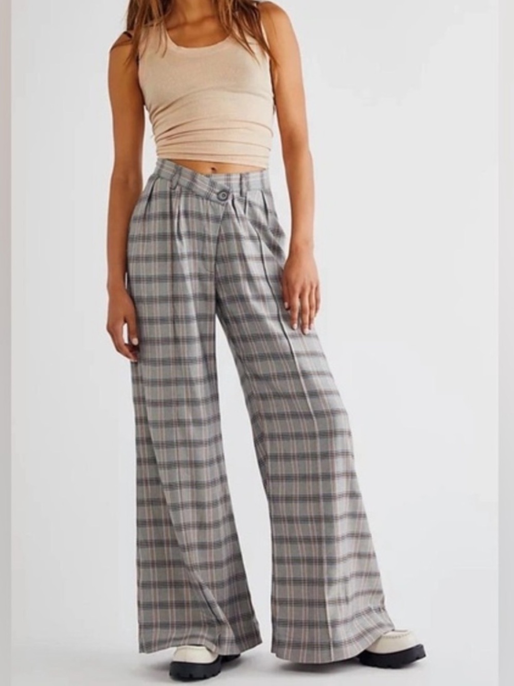 For Love and Lemons High-Waist Wide-Leg Plaid Pants